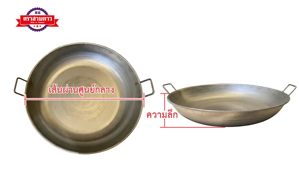 ขนาด กระทะสแตนเลส ตราสามดาว ตื้น